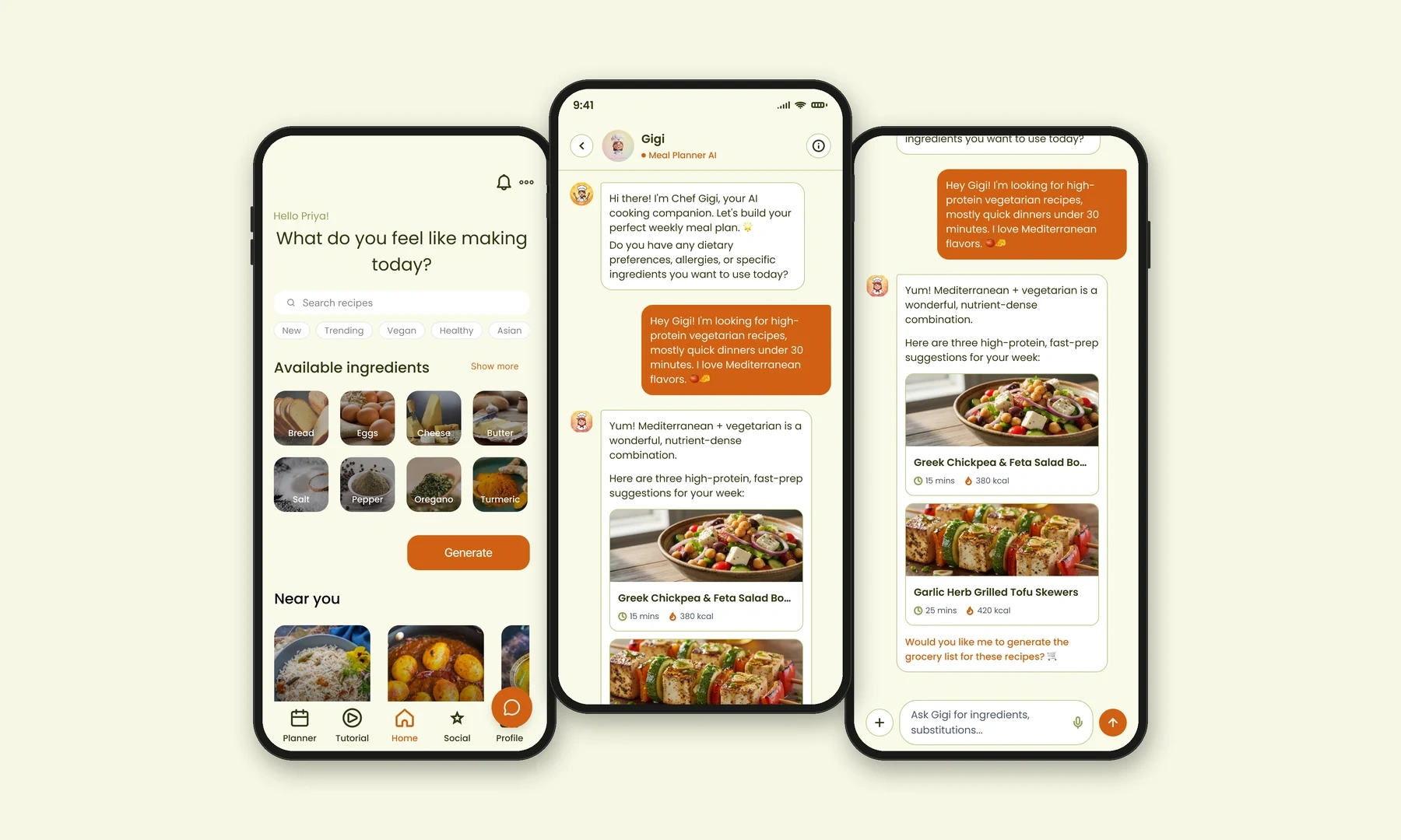 Home, Gigi chat and Gigi results — from ingredient-led discovery through to natural-language planning.