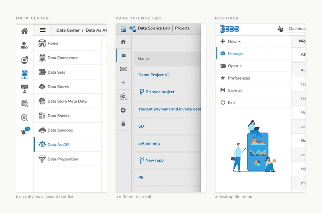 Data Center, Data Science Lab, and Designer — three navigation patterns in the old build.