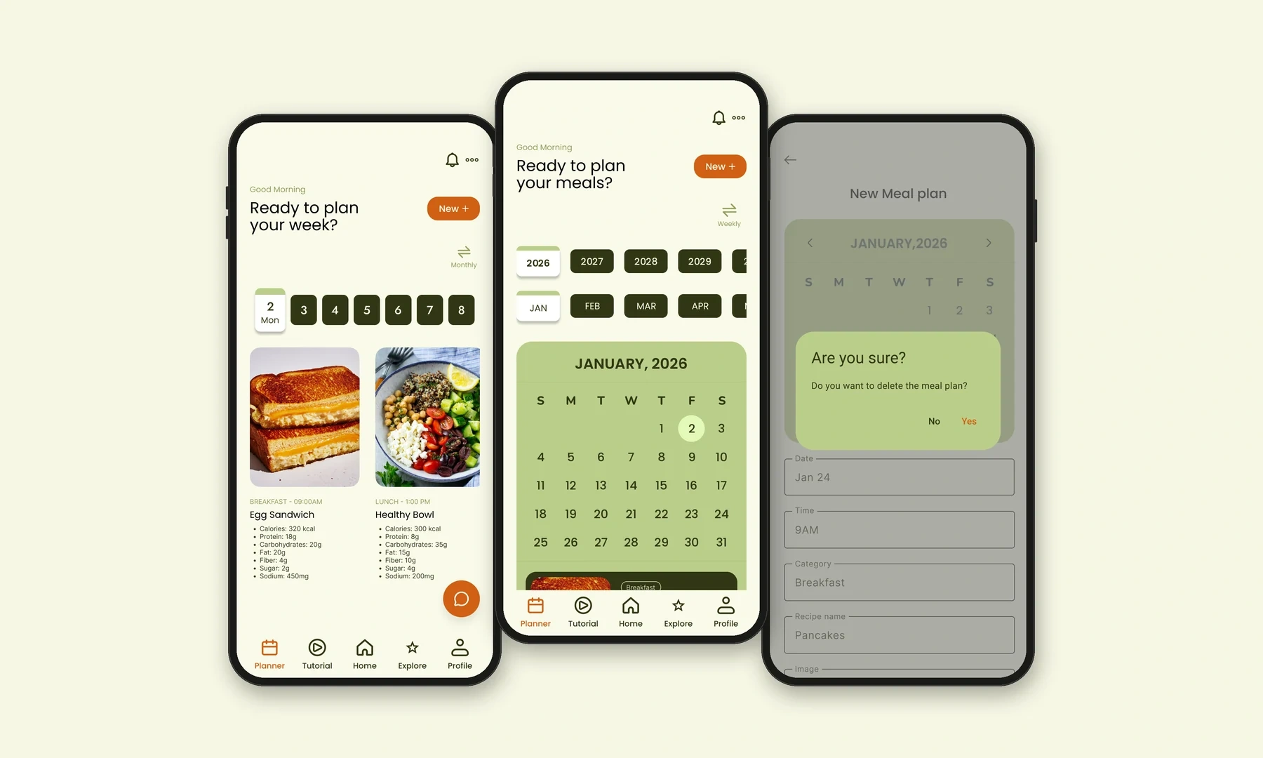 Monthly and weekly planner views — organising meals across the week, editable in place.