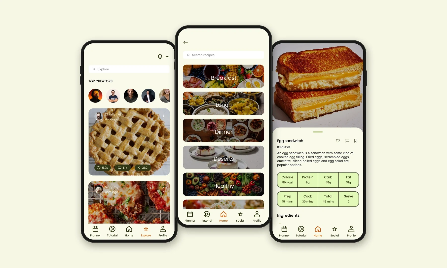 Explore, recipe detail and search — discovery when you want inspiration, search when you already know what you're looking for.