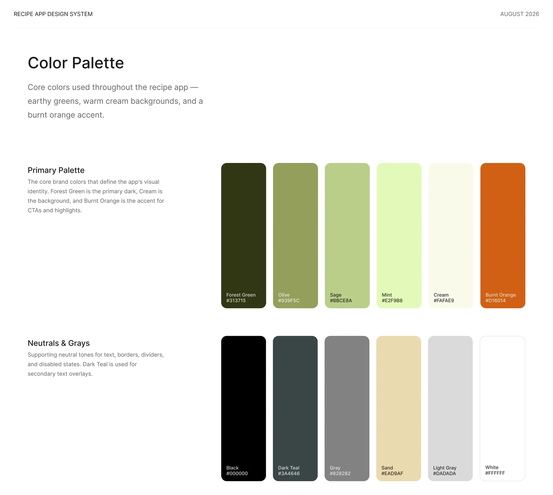 Colour palette — forest green, cream, and burnt orange for action.