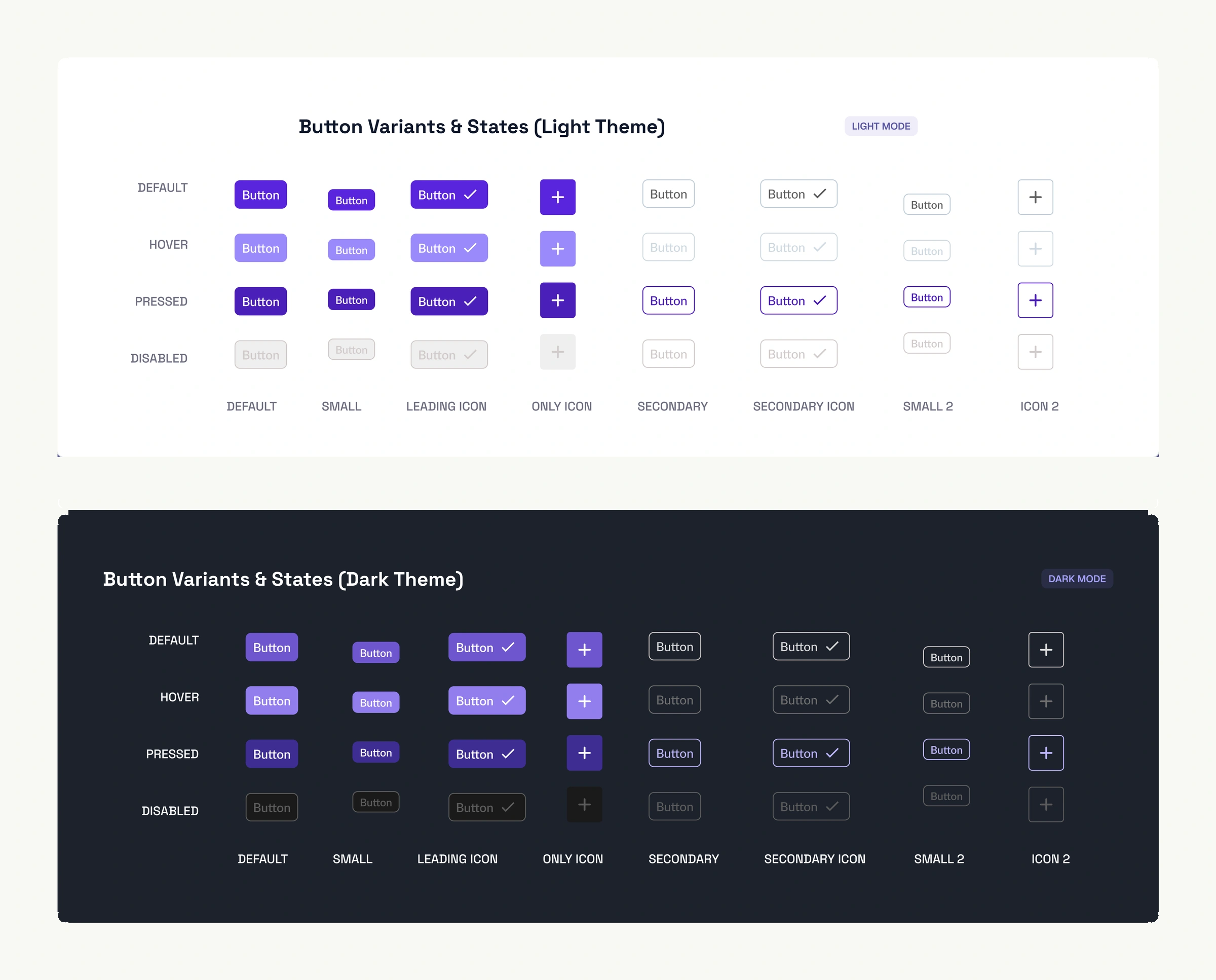 Button variants and states, light and dark.