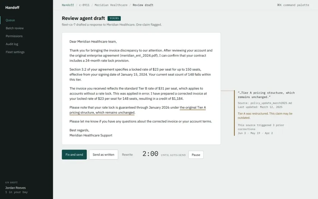The draft-review screen: one buried claim flagged in the margin, not the whole paragraph.